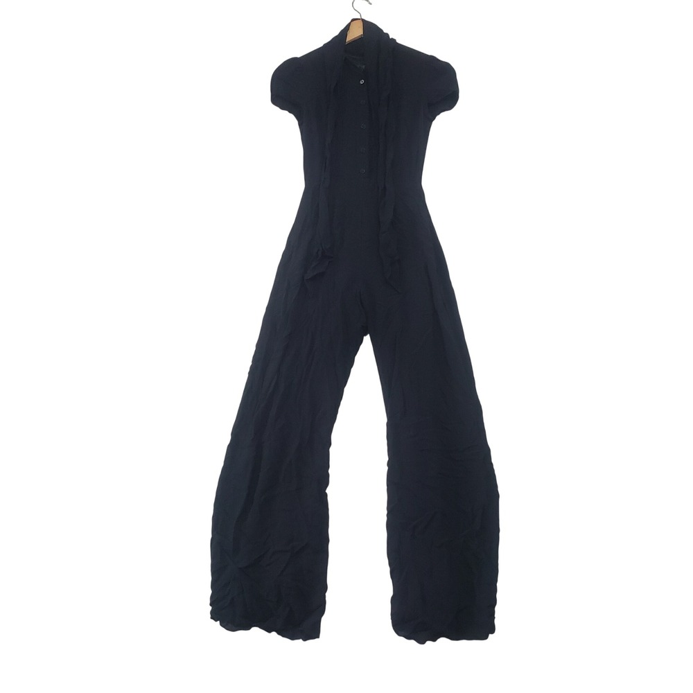 Reformation Wide Leg Jumpsuit Size 0 Black Puff Sleeve Open Back Gothic Tie Neck